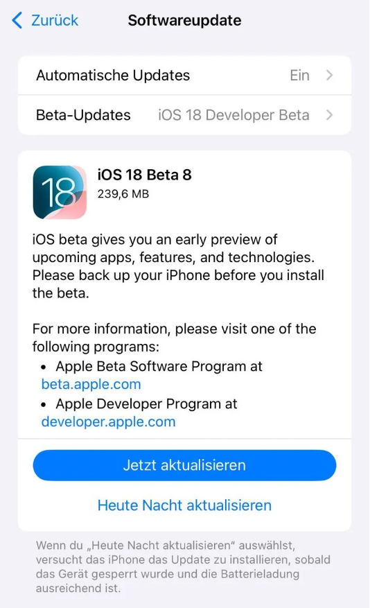 睢宁苹果手机维修分享苹果 iOS / iPadOS 18 开发者预览版 Beta 8 发布 